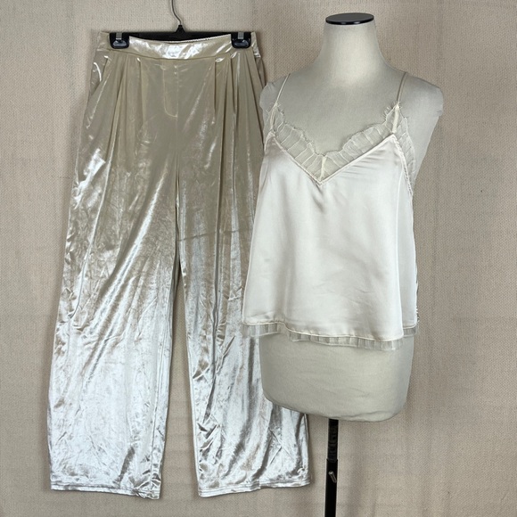 Christian Lacroix Velvet Satin Pajama Set Cream Top & Bottoms NWT